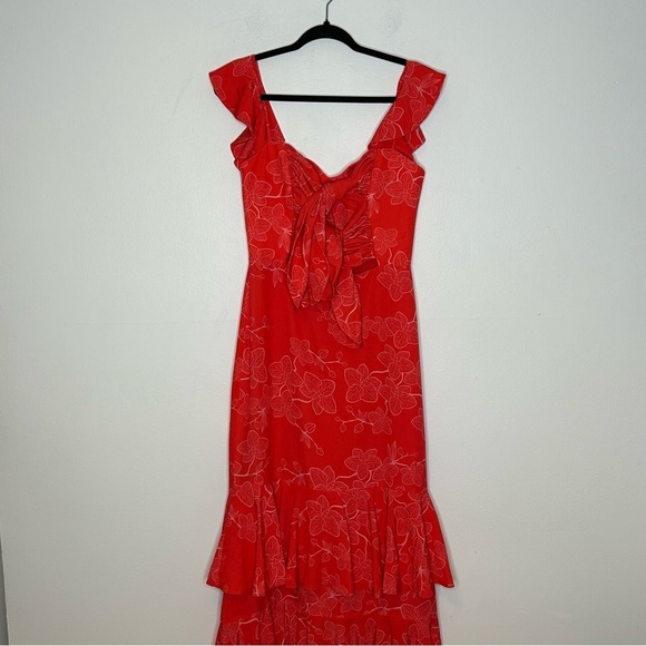 No Pise La Grama Sz 8 Luna Bonita Red Ruffle Orchid Floral Print Maxi Dress - Picture 3 of 13
